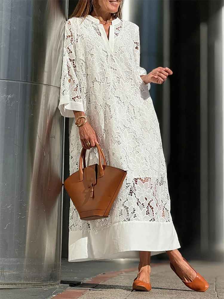 Abrini White Embroidery Lace Dress